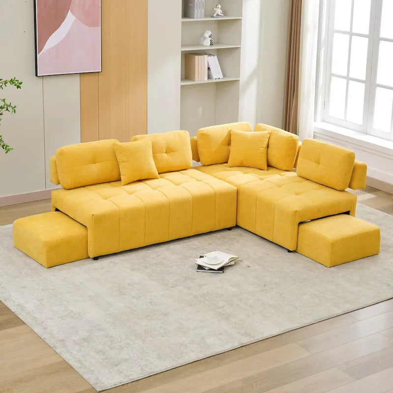 91.73 L-Shaped 4-Seat Sectional Sofa with 2 Hidden Stools, 2 Removable Lumbar Cushions, and Durable Chenille Fabric
