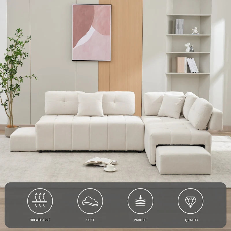91.73 L-Shaped 4-Seat Sectional Sofa with 2 Hidden Stools, 2 Removable Lumbar Cushions, and Durable Chenille Fabric