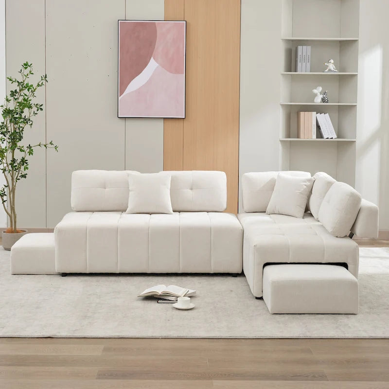 91.73 L-Shaped 4-Seat Sectional Sofa with 2 Hidden Stools, 2 Removable Lumbar Cushions, and Durable Chenille Fabric