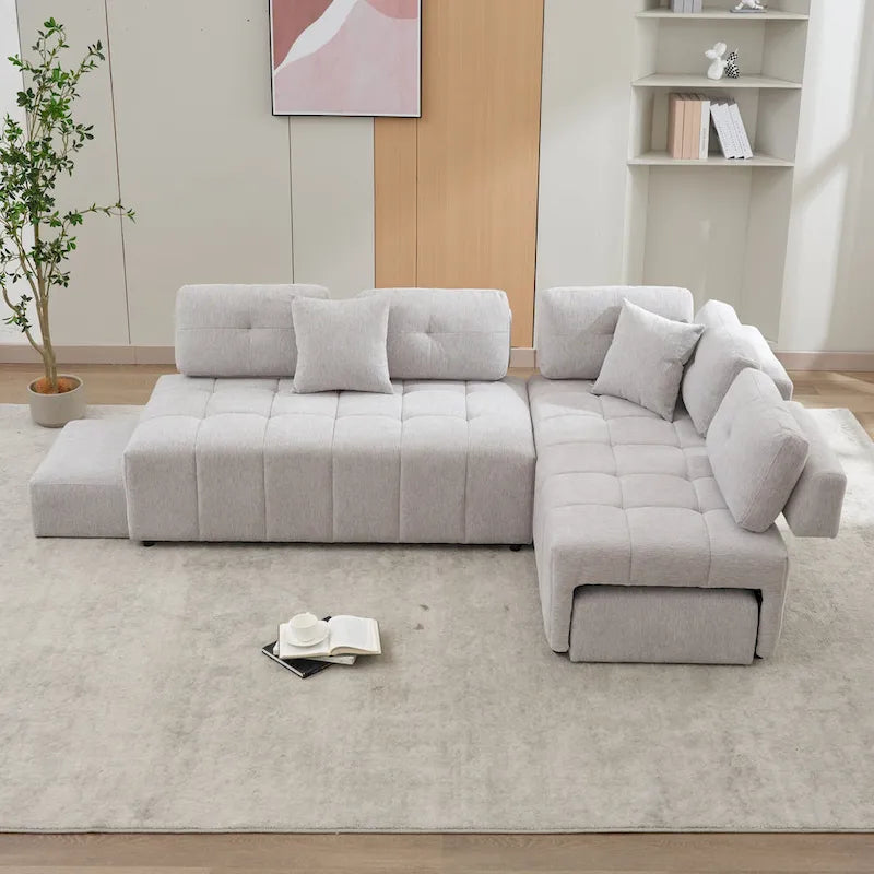 91.73 L-Shaped 4-Seat Sectional Sofa with 2 Hidden Stools, 2 Removable Lumbar Cushions, and Durable Chenille Fabric