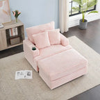 Pink 39.37 Corduroy Upholstered Single Armchair Sofa with Ottoman and Cup Holder for Lving Room