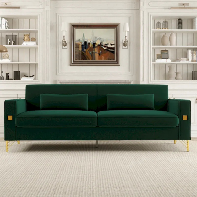 Modern 85.63 Velvet 3-seater Sofa with Gold Accents and Plush Cushions for Living Room