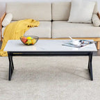 Table basse rectangulaire moderne 47 avec plateau en pierre frittée et pieds en métal en forme de X
