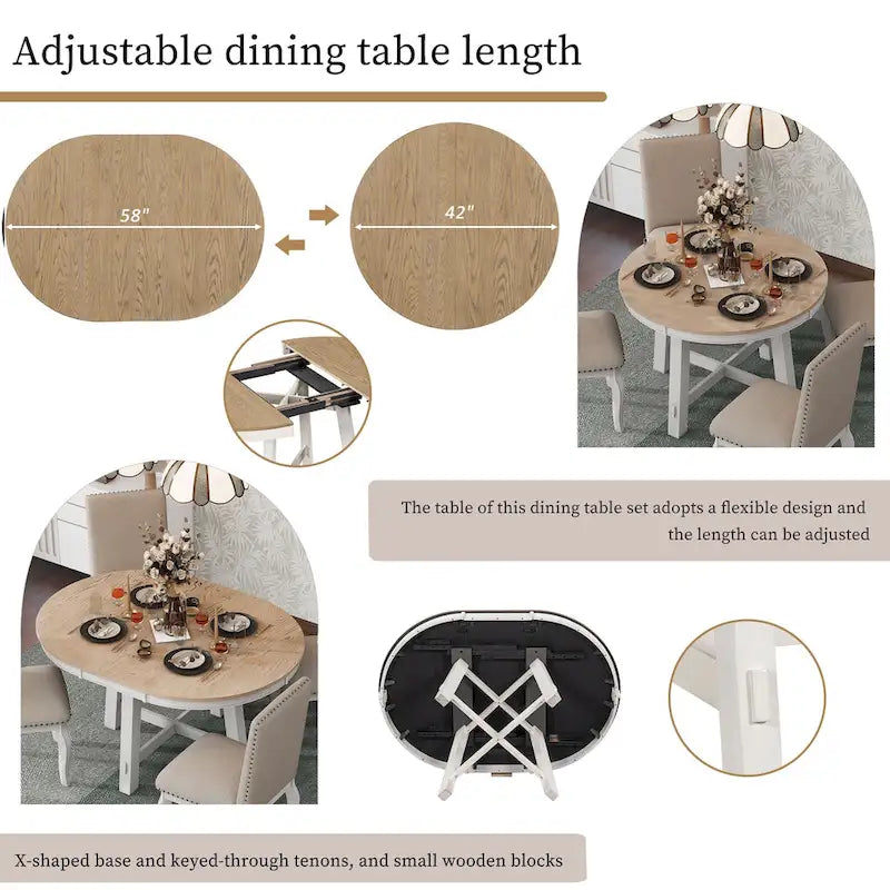 5-Piece Wooden Dining Table Set with Extendable Round Table & 4 Chairs