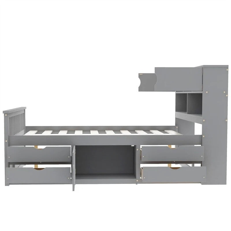 Twin/Full Size Captain Platform Bed with 4 Drawers and Storage Shelves, Solid Wood Bed Frame with Storage Bookcase Headboard