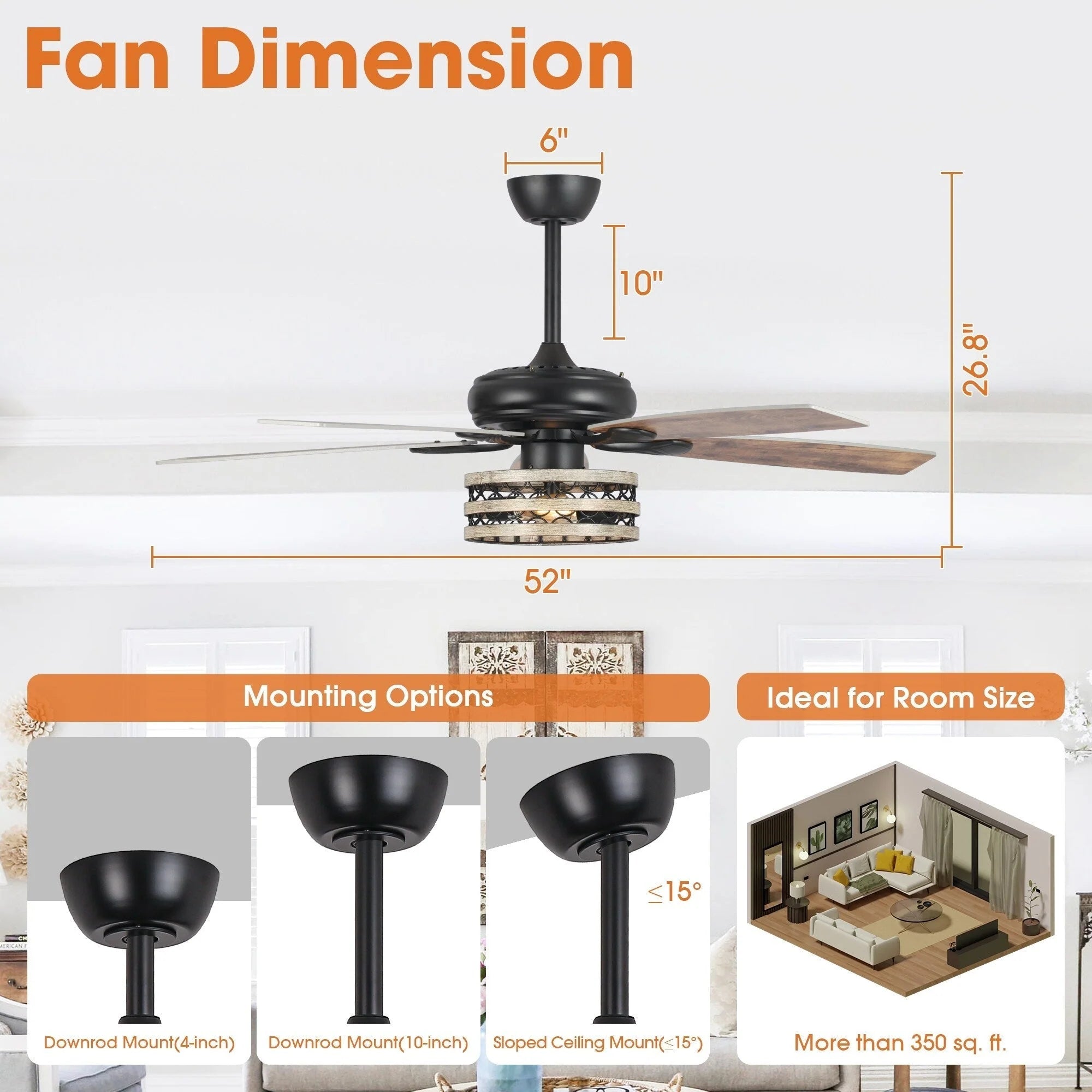 52 Farmhouse Driftwood 5-Blade Black Caged Ceiling Fan with Remote