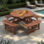 8-Person Outdoor Patio Fir Wood Round Picnic Dining Set with 4 Built-in Benches and Umbrella Hole