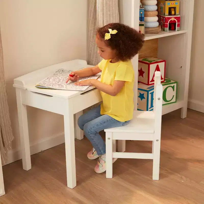 Melissa & Doug Wooden Child's Lift-Top Desk and Chair - White: Fixed Height Office Furniture Set with Storage