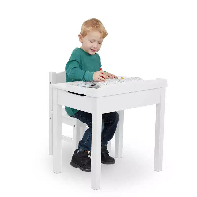 Melissa & Doug Wooden Child's Lift-Top Desk and Chair - White: Fixed Height Office Furniture Set with Storage
