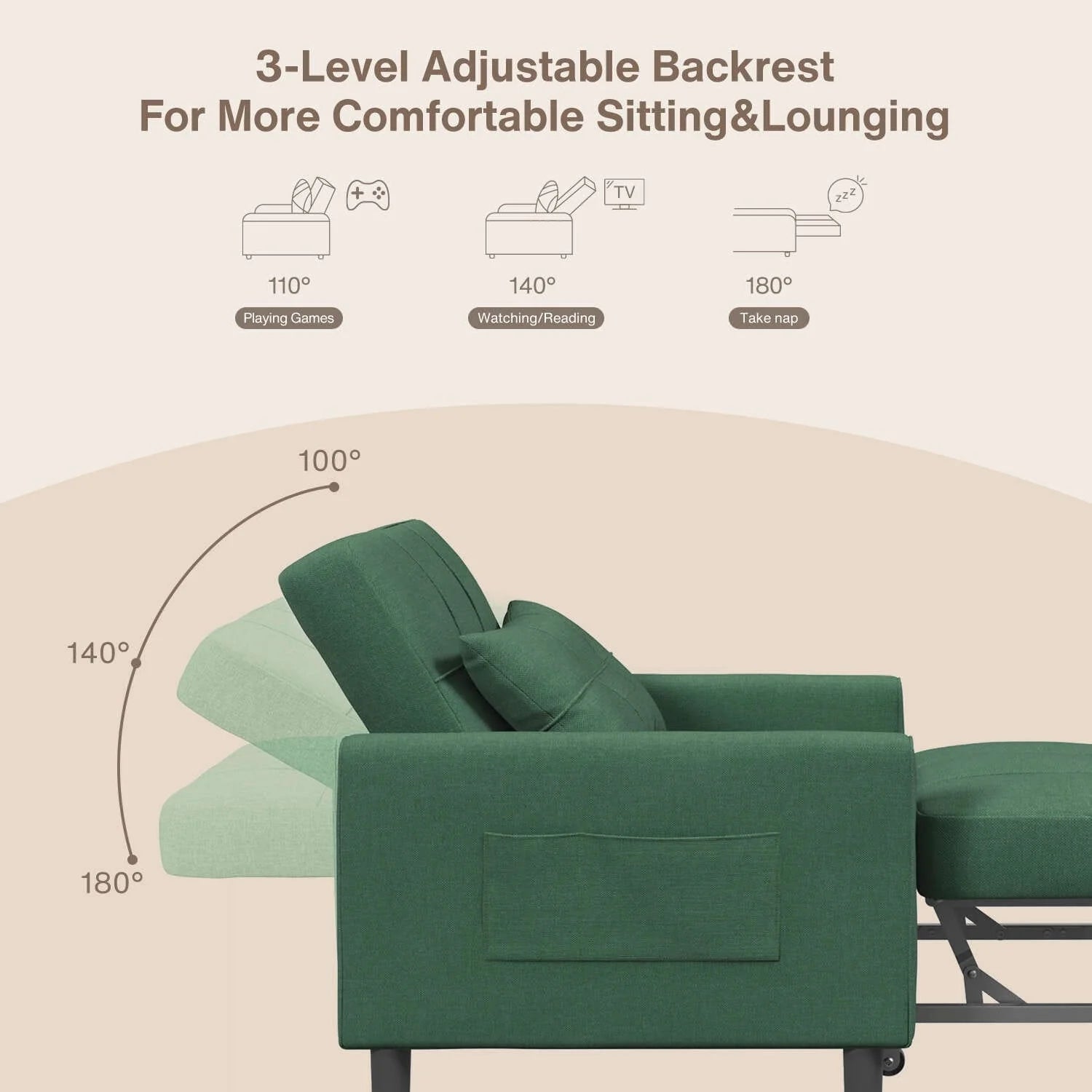 3-in-1 Adjustable Sleeper Sofa Bed, Pull Out Chair Sofa, Convertible Folding Bed for Living Room