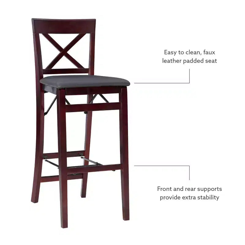 Tabouret de bar pliable en similicuir Triena X Back, expresso - Linon : siège rembourré, pieds en bois, aucun assemblage requis