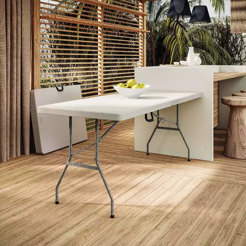 Table pliante 6 pieds Techni Home avec poignée de transport, blanc granit