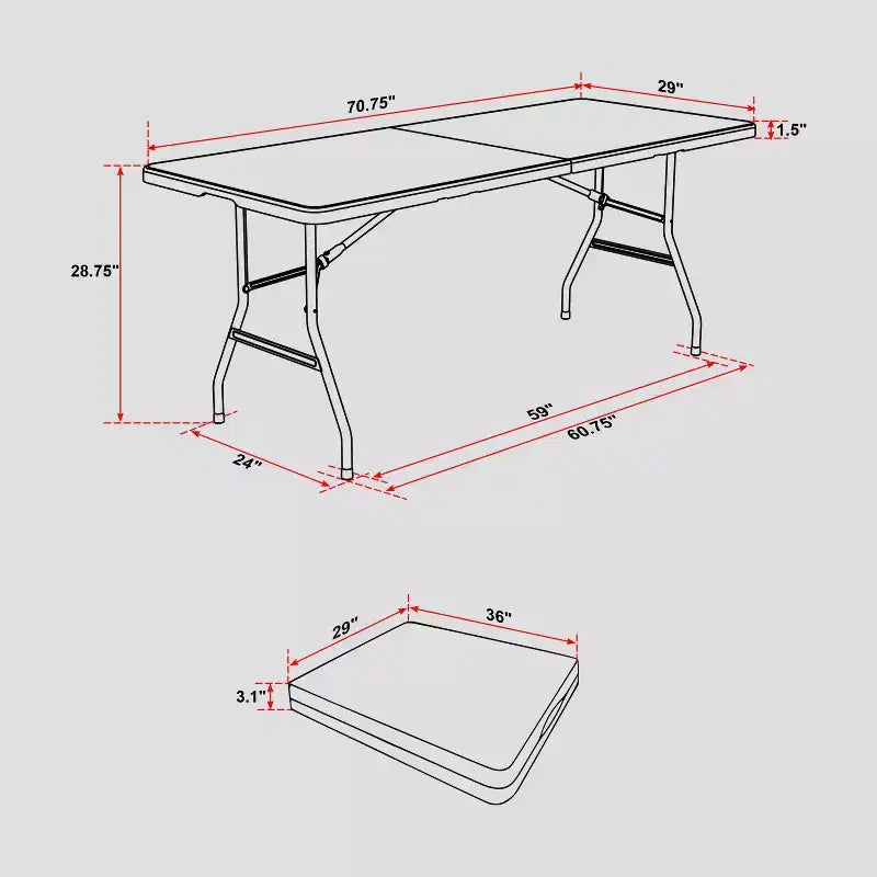 Table pliante 6 pieds Techni Home avec poignée de transport, blanc granit