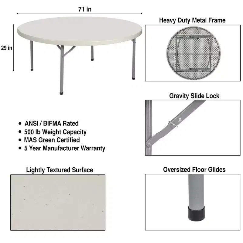 Table ronde pliante Hampden Furnishings, collection Baldwin, 71 po, grise : Résistante aux taches, 12 places, aucun assemblage requis
