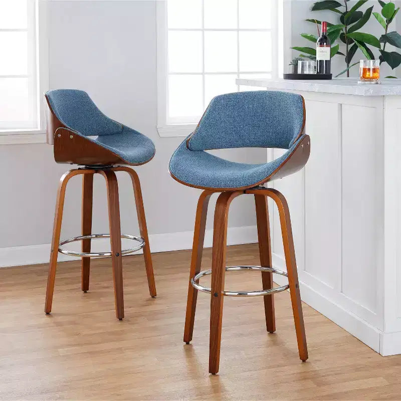 Lot de 2 tabourets de bar Fabrizzi Noyer/Chrome/Bleu : LumiSource, hauteur fixe, pivotants, pour îlot de cuisine