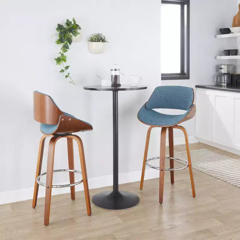 Lot de 2 tabourets de bar Fabrizzi Noyer/Chrome/Bleu : LumiSource, hauteur fixe, pivotants, pour îlot de cuisine