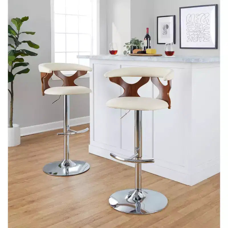 LumiSource Lot de 2 tabourets de bar réglables Gardenia Métal chromé/Bois noyer/PU crème
