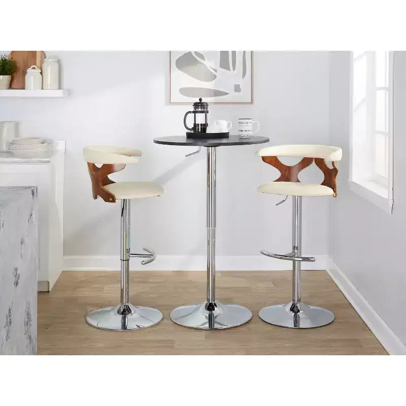 LumiSource Lot de 2 tabourets de bar réglables Gardenia Métal chromé/Bois noyer/PU crème