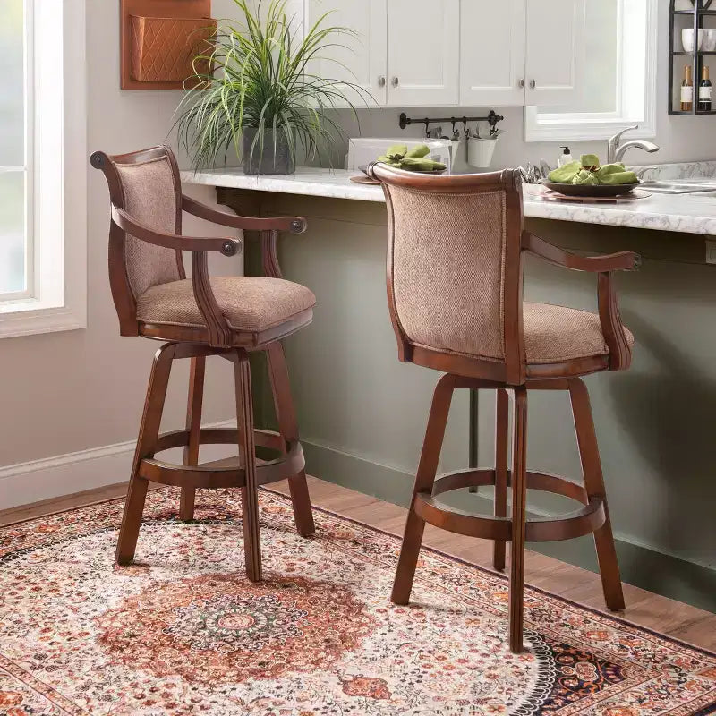 31" Dakota Upholstery Swivel Barstool with Arms Light Brown - Powell Company: Rubberwood, Tweed Fabric, 275 lb Capacity