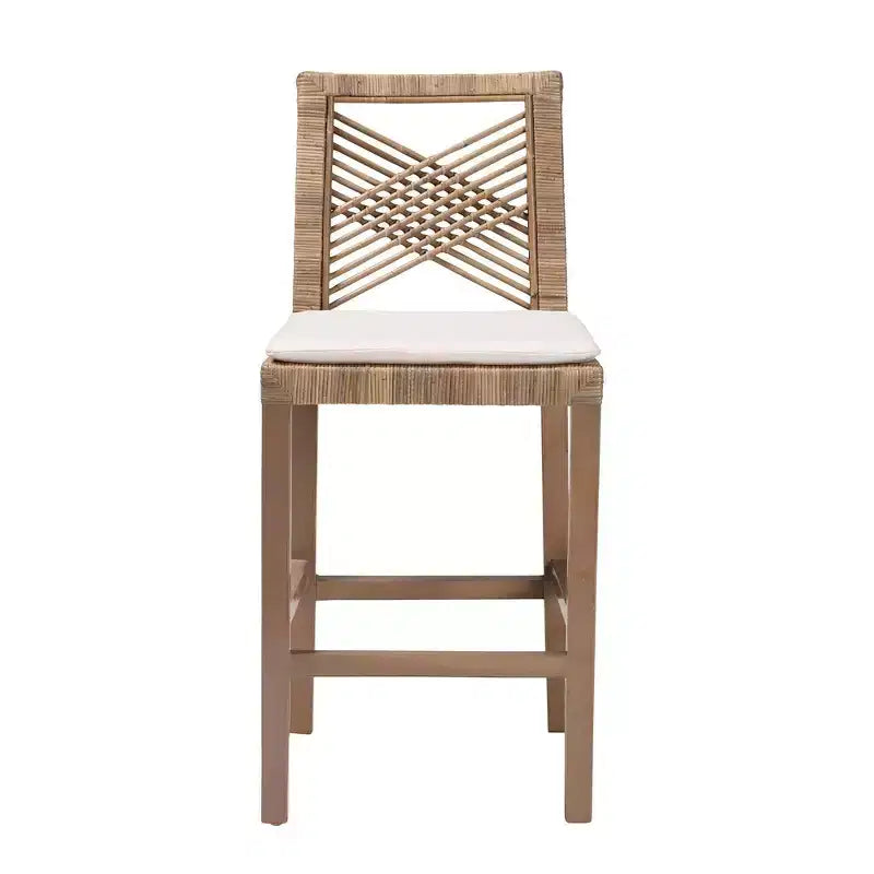 bali & pari Poltak Natural Rattan and Mahogany Wood Counter Height Barstool Kubu Gray/Rustic Taupe