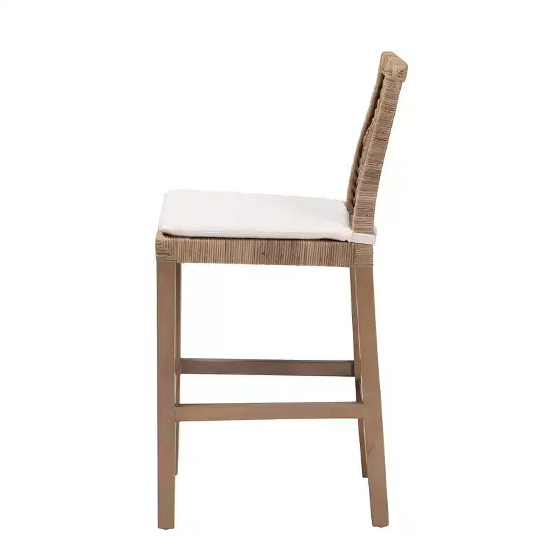 bali & pari Poltak Tabouret de bar à hauteur de comptoir en rotin naturel et bois d'acajou Kubu gris/taupe rustique
