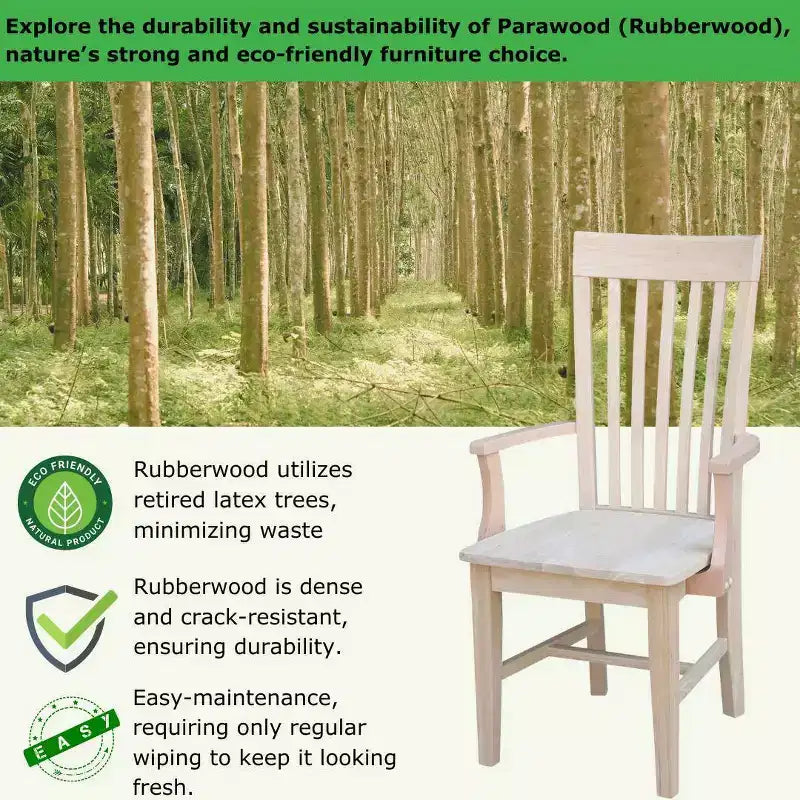 Chaise de mission haute avec accoudoirs non finis - International Concepts : Bois massif, bois d'Hévéa, dossier à lattes