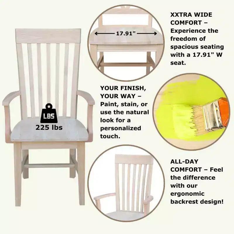 Chaise de mission haute avec accoudoirs non finis - International Concepts : Bois massif, bois d'Hévéa, dossier à lattes