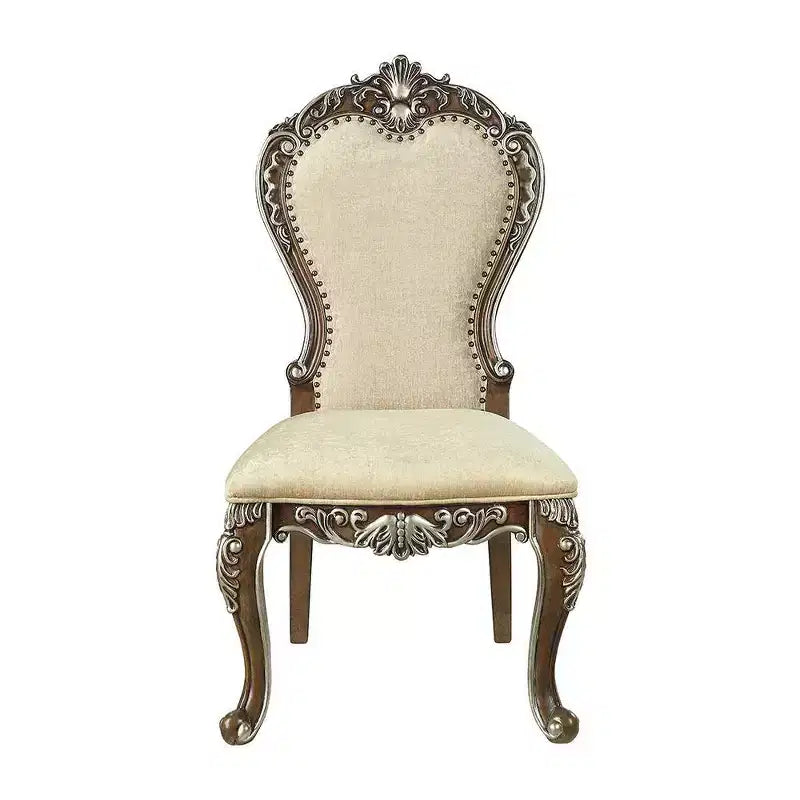 Chaise de salle à manger Latisha 25" brun antique - Acme Furniture : Détails argentés, chenille grise, garniture cloutée