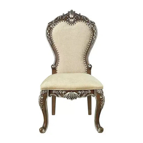 Chaise de salle à manger Latisha 25" brun antique - Acme Furniture : Détails argentés, chenille grise, garniture cloutée
