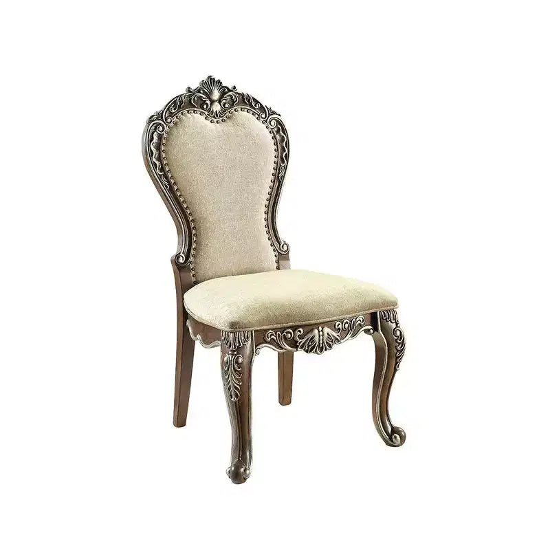 Chaise de salle à manger Latisha 25" brun antique - Acme Furniture : Détails argentés, chenille grise, garniture cloutée