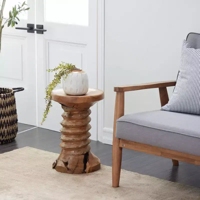 Rustic Carved Teak Wood Stool Brown - Olivia & May