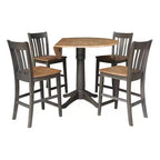 Table à manger ronde de 42 po à hauteur de comptoir avec 2 rallonges et 4 tabourets à dossier ajouré en coloris Hickory/Washed Coal - International Concepts