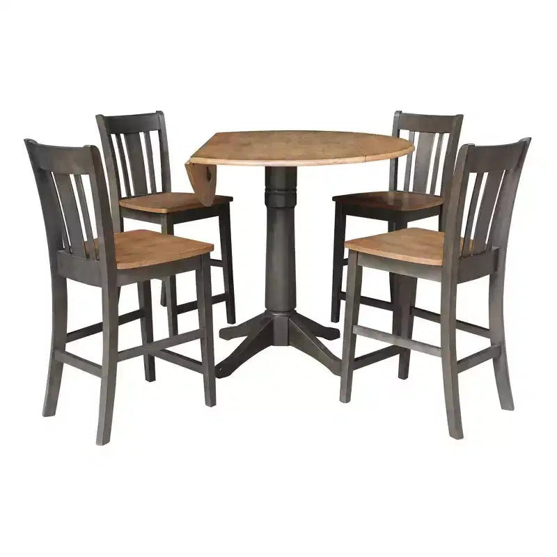 Table à manger ronde de 42 po à hauteur de comptoir avec 2 rallonges et 4 tabourets à dossier ajouré en coloris Hickory/Washed Coal - International Concepts