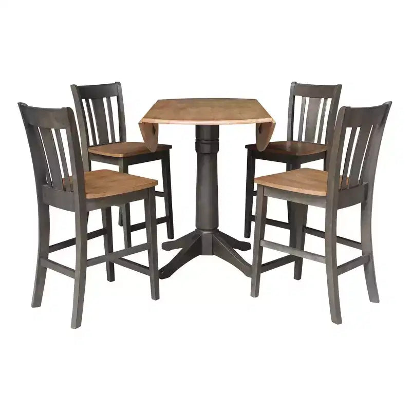 Table à manger ronde de 42 po à hauteur de comptoir avec 2 rallonges et 4 tabourets à dossier ajouré en coloris Hickory/Washed Coal - International Concepts
