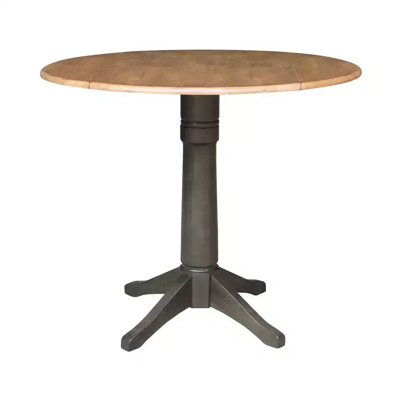 Table à manger ronde de 42 po à hauteur de comptoir avec 2 rallonges et 4 tabourets à dossier ajouré en coloris Hickory/Washed Coal - International Concepts