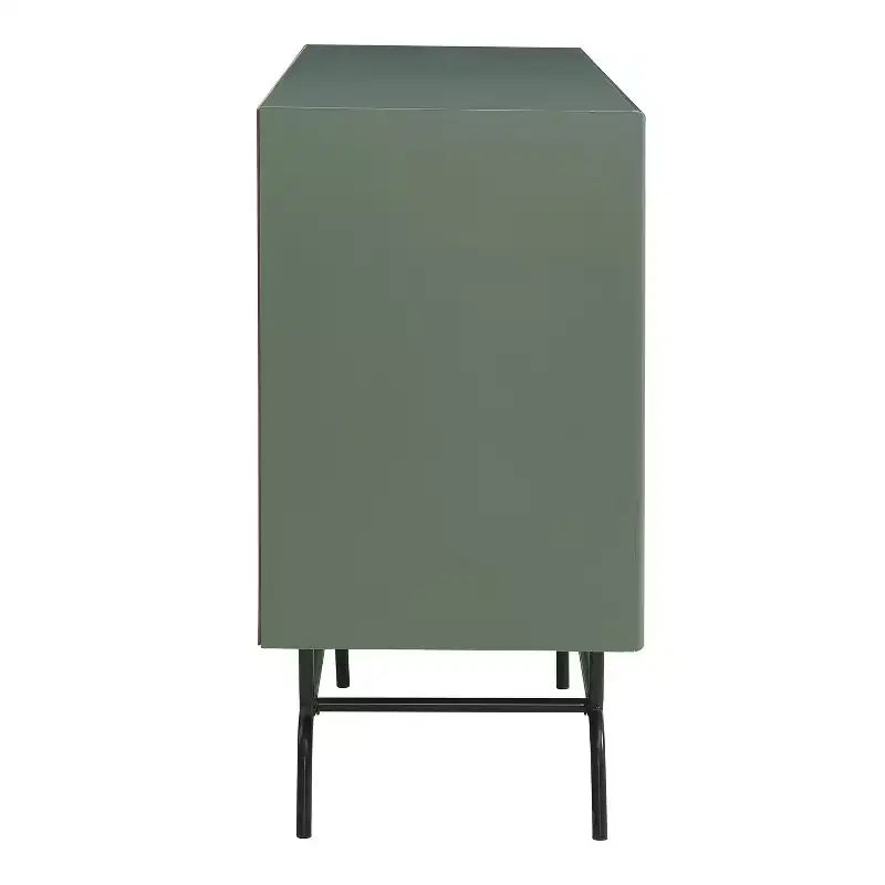 Buffet moderne miBasics Heath 152 cm avec cave à vin vert sauge : meuble de rangement autoportant, 4 étagères, 3 tiroirs