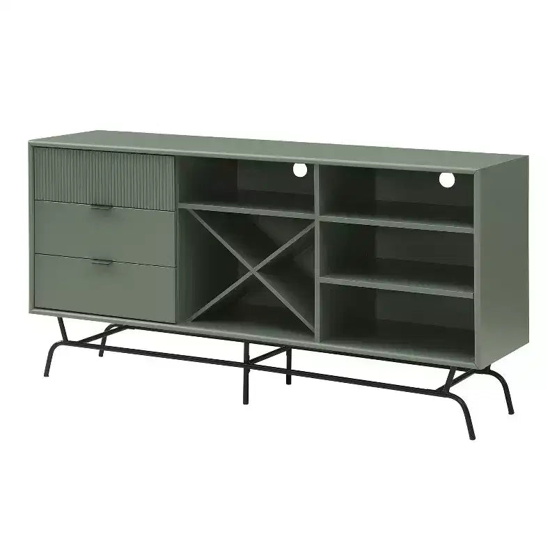 Buffet moderne miBasics Heath 152 cm avec cave à vin vert sauge : meuble de rangement autoportant, 4 étagères, 3 tiroirs
