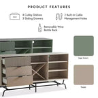 Buffet moderne miBasics Heath 152 cm avec cave à vin vert sauge : meuble de rangement autoportant, 4 étagères, 3 tiroirs