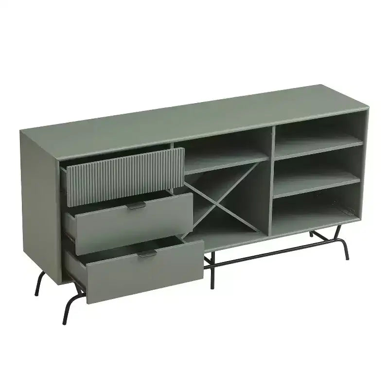 Buffet moderne miBasics Heath 152 cm avec cave à vin vert sauge : meuble de rangement autoportant, 4 étagères, 3 tiroirs