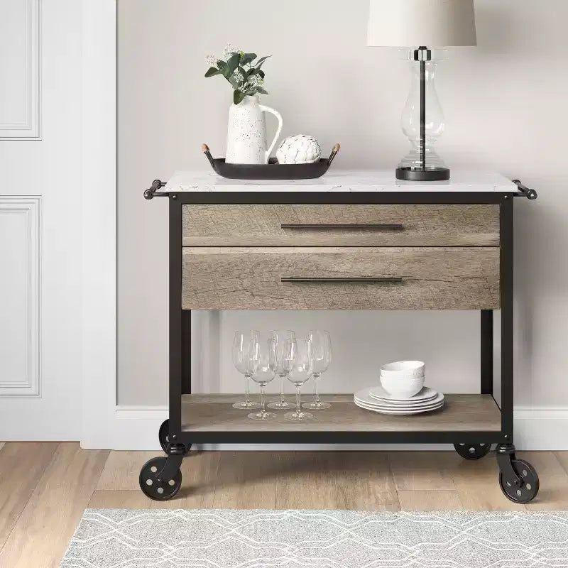 Derry Stone Top Mixed Material Kitchen Island Brown - Threshold™: Solid Hardwood, Storage, Wheels