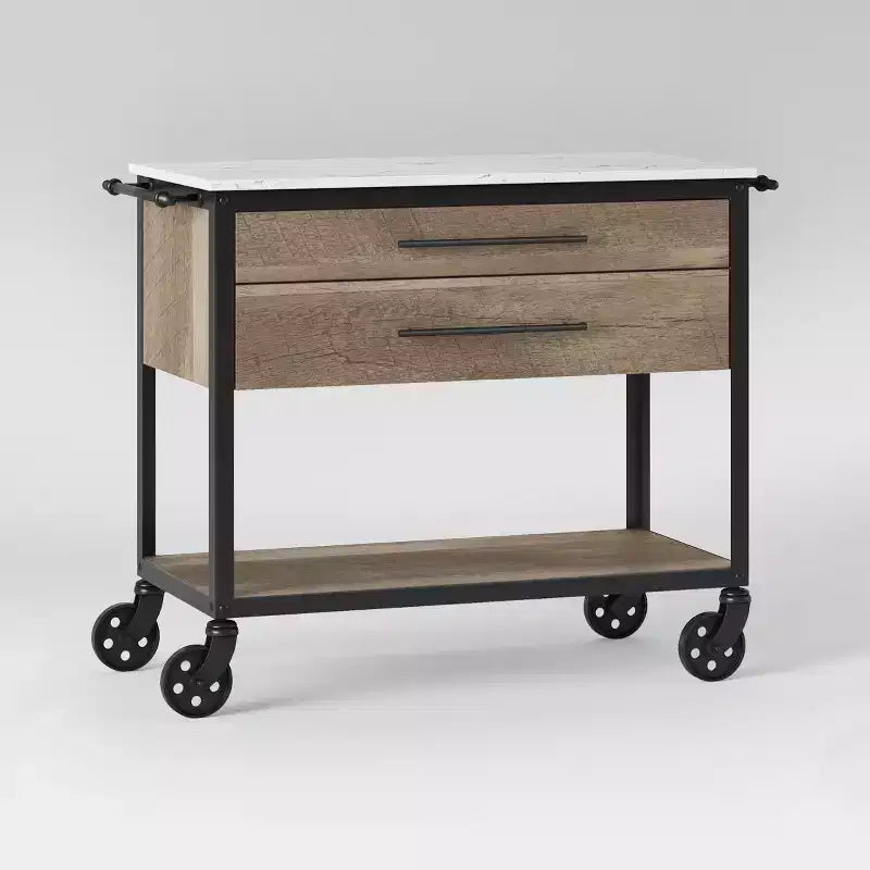 Derry Stone Top Mixed Material Kitchen Island Brown - Threshold™: Solid Hardwood, Storage, Wheels