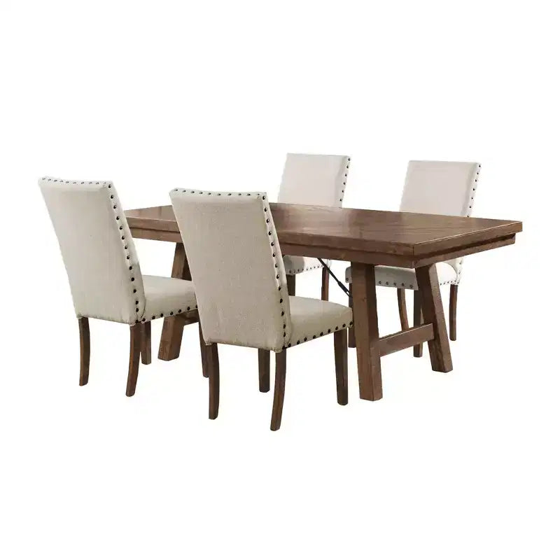 5pc Dex Extendable Dining Table Set, 4 Upholstered Chairs - Picket House Furnishings: Smokey Walnut, Turnbuckle Detail
