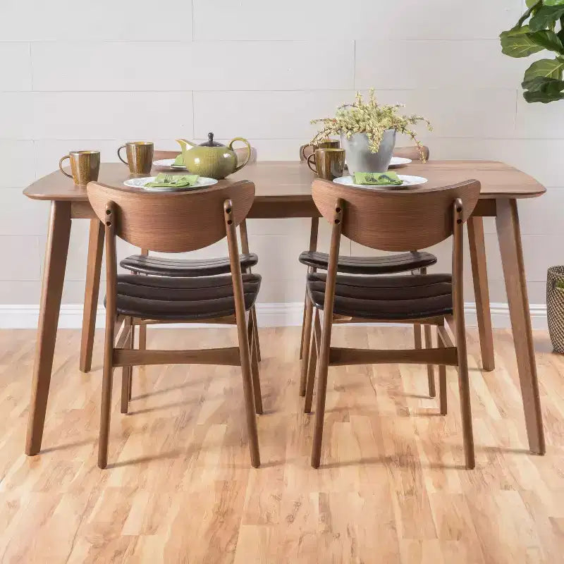 Christopher Knight Home 5pc Anise 59" Dining Set Walnut/Dark Brown: Rectangle Table, 4 Upholstered Chairs, Leather Seat