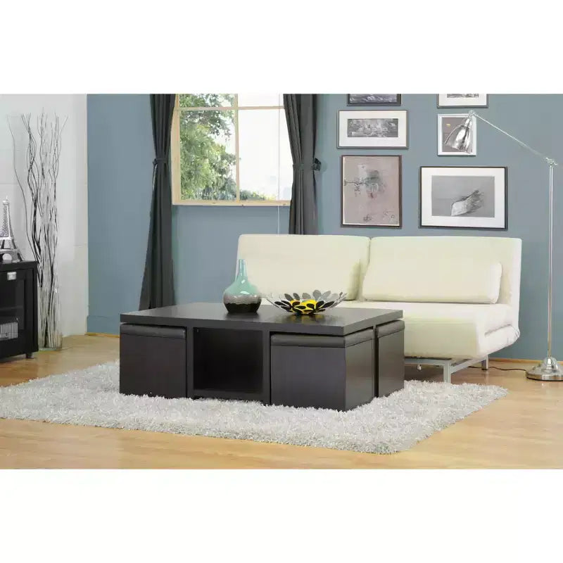 Baxton Studio Prescott Ensemble table et tabourets modernes avec rangement intégré, Marron foncé : Table basse carrée, Piétement entrecroisé, Structure en bois