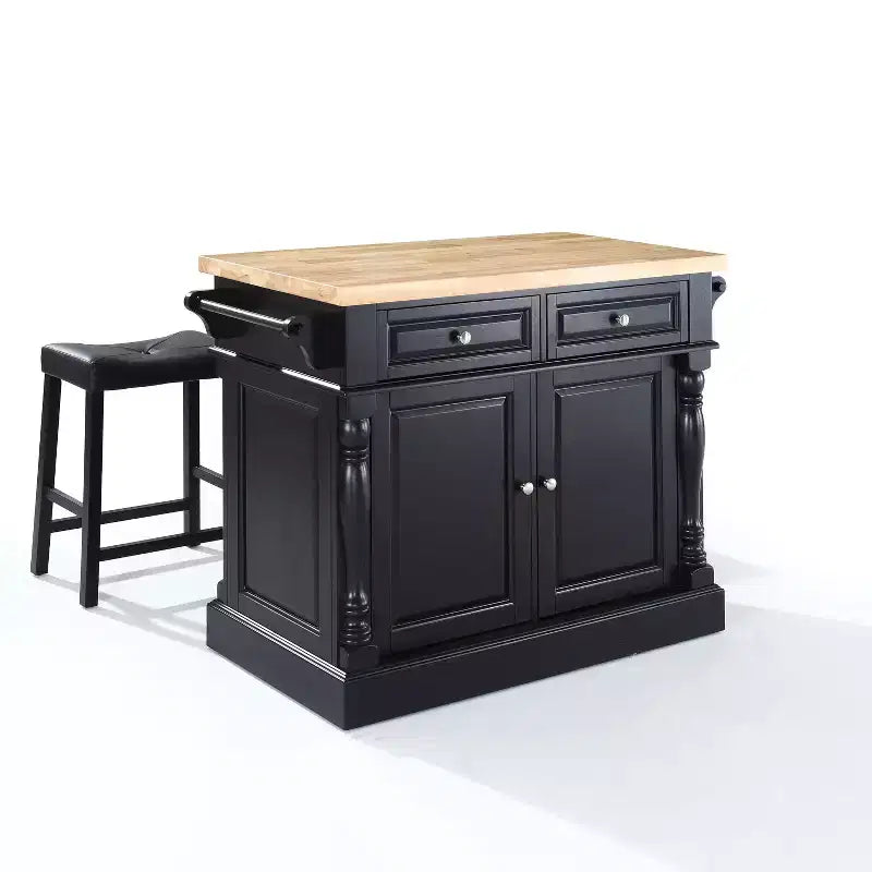 Oxford Kitchen Island with 2 Upholstered Saddle Stools Black - Crosley: Pass-Through Storage, Towel Bars, Wood Veneer