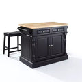 Oxford Kitchen Island with 2 Upholstered Saddle Stools Black - Crosley: Pass-Through Storage, Towel Bars, Wood Veneer