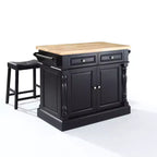 Oxford Kitchen Island with 2 Upholstered Saddle Stools Black - Crosley: Pass-Through Storage, Towel Bars, Wood Veneer