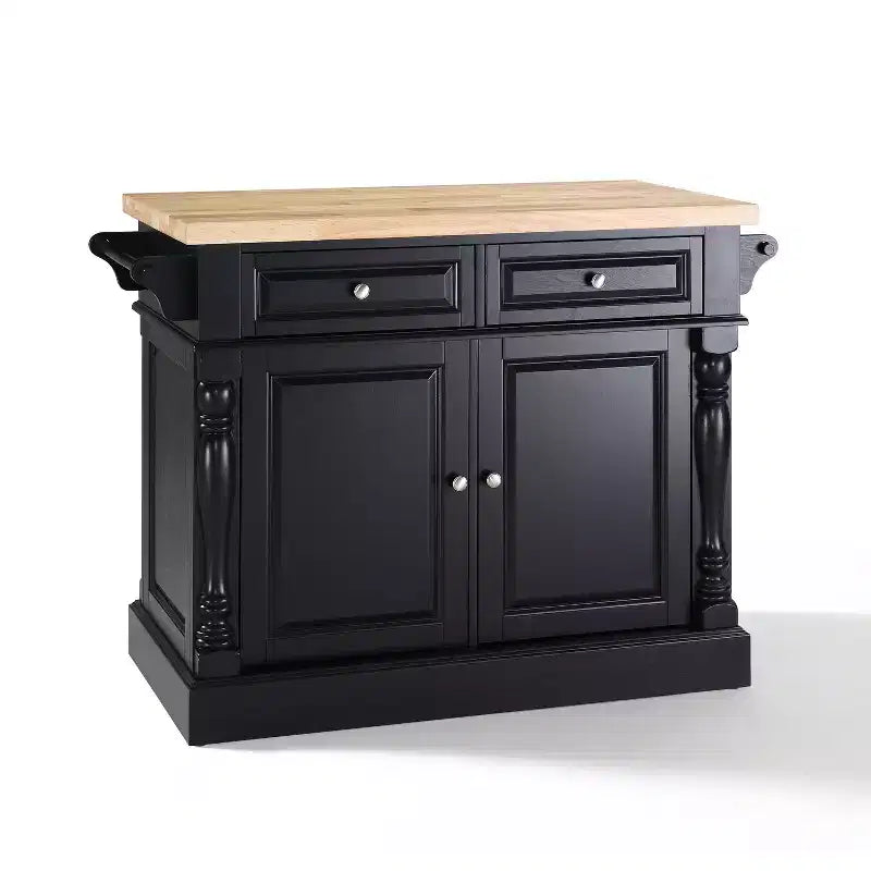 Oxford Butcher Block Kitchen Island Black - Crosley: Traditional MDF Frame, Wood Surface, 2 Doors, 4 Drawers, 4 Shelves