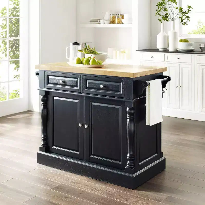Îlot de cuisine Oxford Butcher Block noir - Crosley : Cadre traditionnel en MDF, surface en bois, 2 portes, 4 tiroirs, 4 étagères