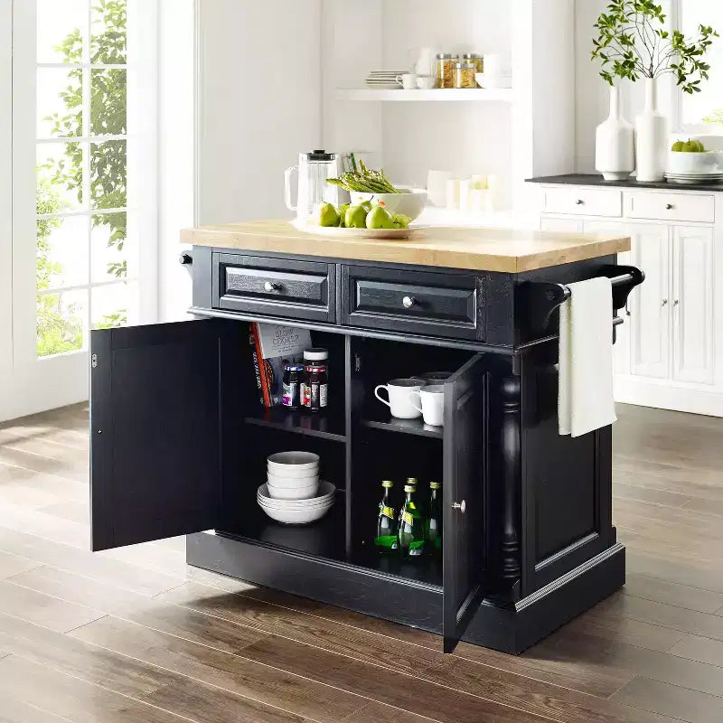 Îlot de cuisine Oxford Butcher Block noir - Crosley : Cadre traditionnel en MDF, surface en bois, 2 portes, 4 tiroirs, 4 étagères